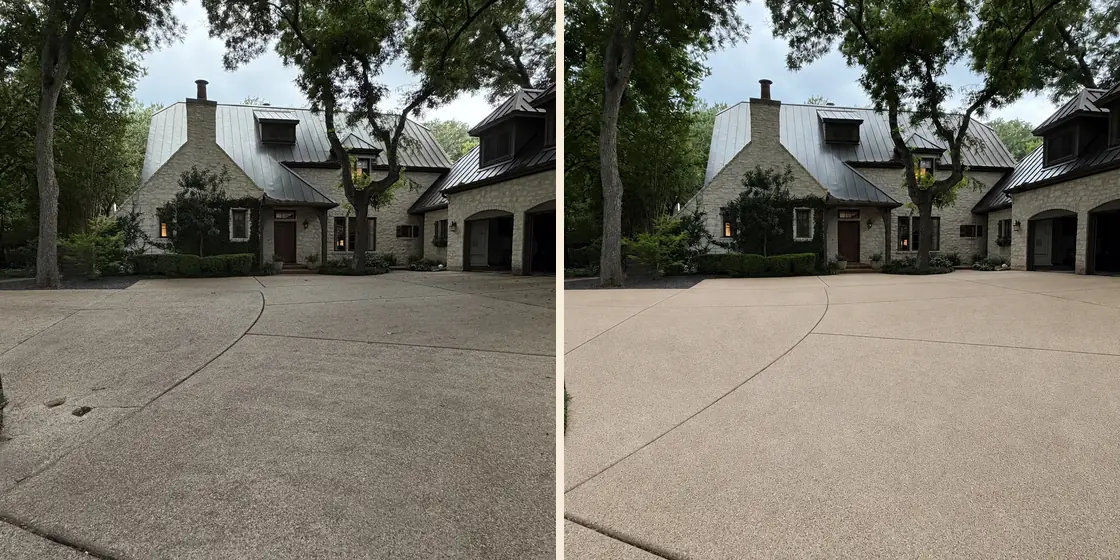 Concrete driveway in front of a stone house shown before and after a Casa Care cleaning, gray mottled concrete on the left and even, bright concrete on the right