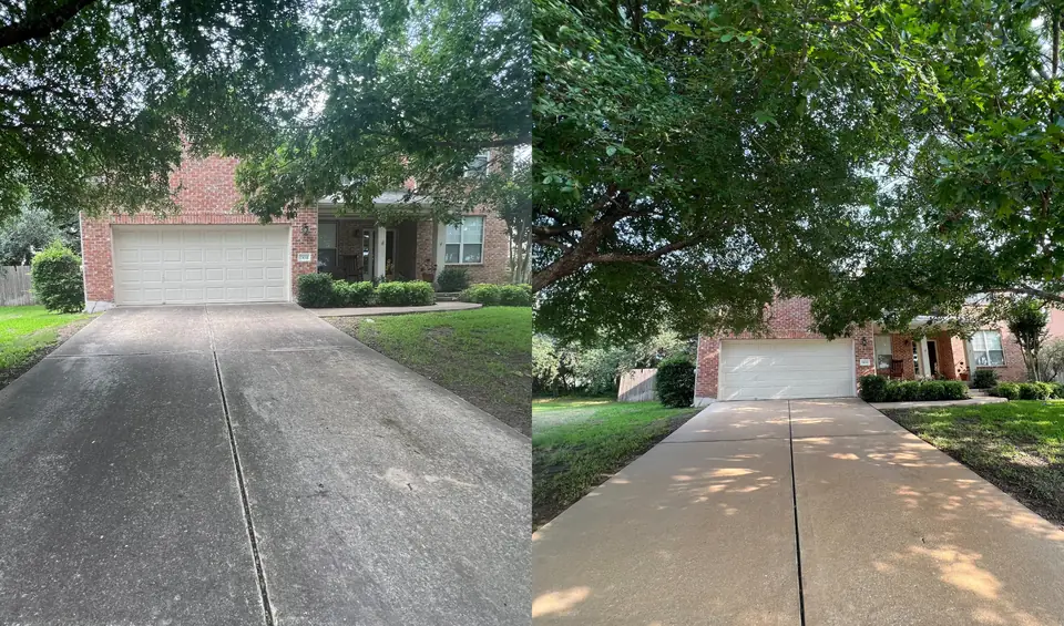 Concrete driveway shown before and after cleaning, dark weathered film on the left and bright concrete on the right
