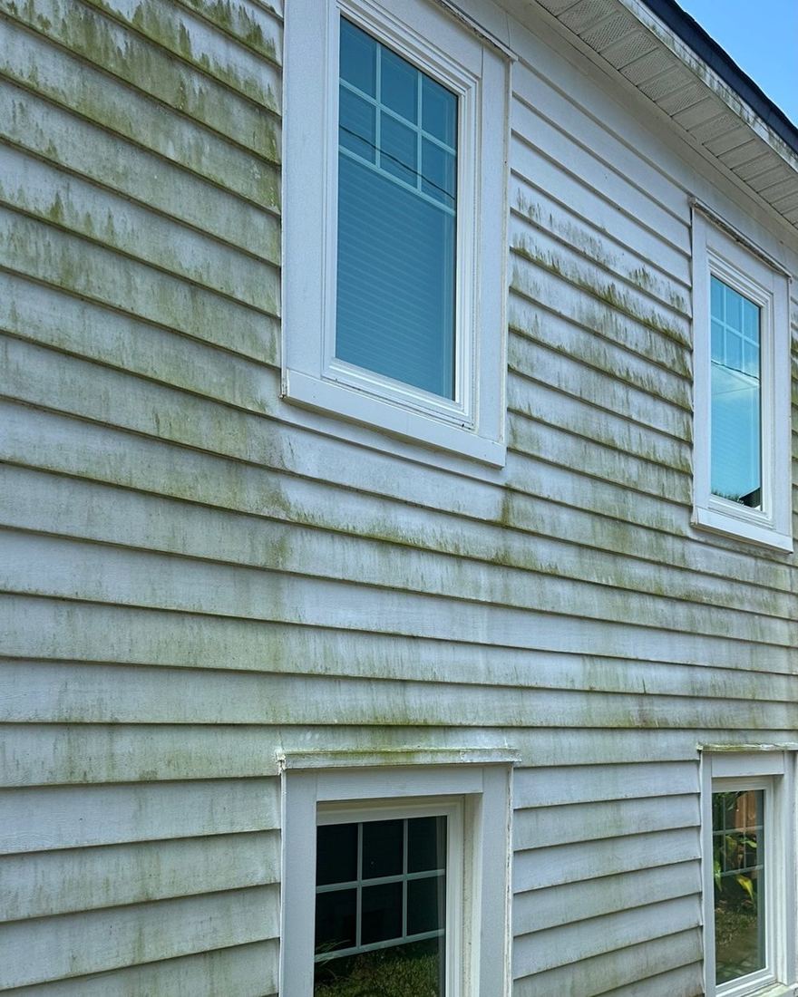 Before and after: vinyl siding soft washed, Casa Care job (before photo)
