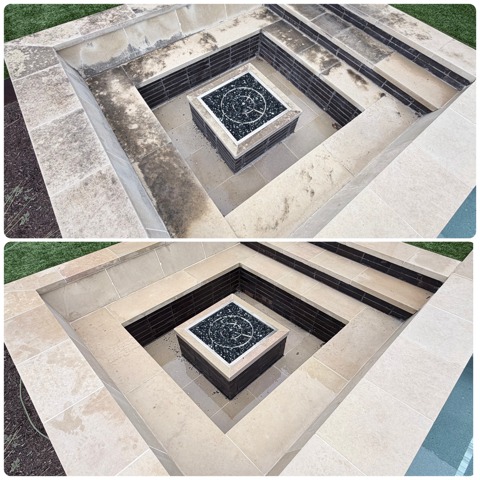 Before and after: a sunken limestone fire pit, stained before (top) and clean after (bottom), Casa Care job