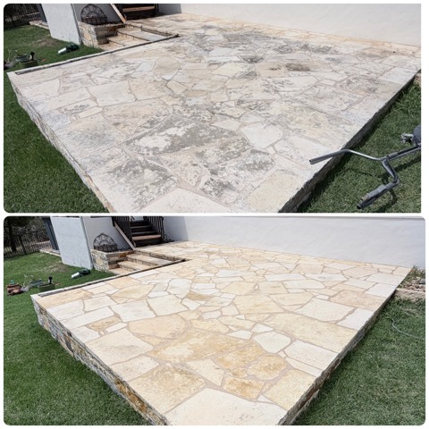 Before and after: a raised flagstone patio, grimy before (top) and clean after (bottom), Casa Care job