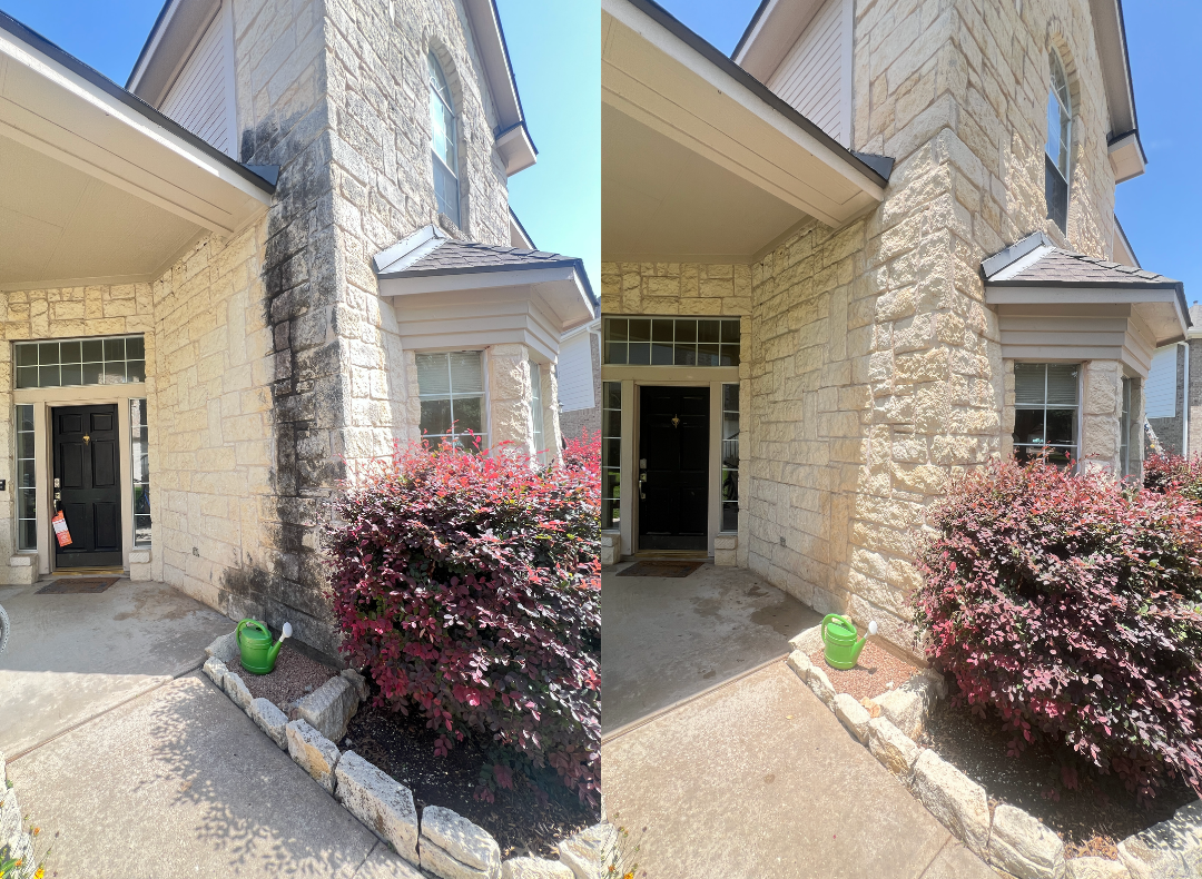 Before and after soft-wash house washing on an Austin home with stone columns