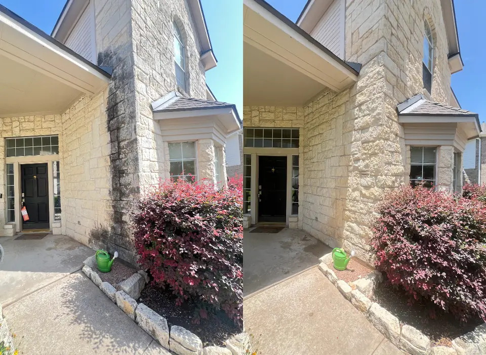 Before and after soft washing of a limestone column and front entry