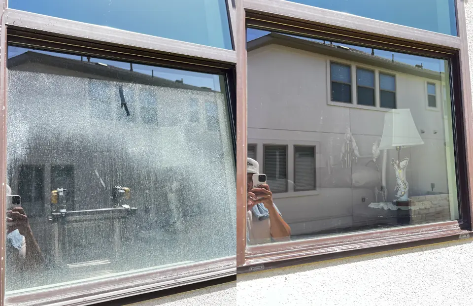 Before and after: window glass clouded with hard-water spots, then clear after cleaning