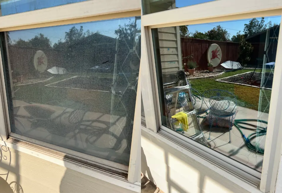Before and after window cleaning on glass overlooking a backyard patio