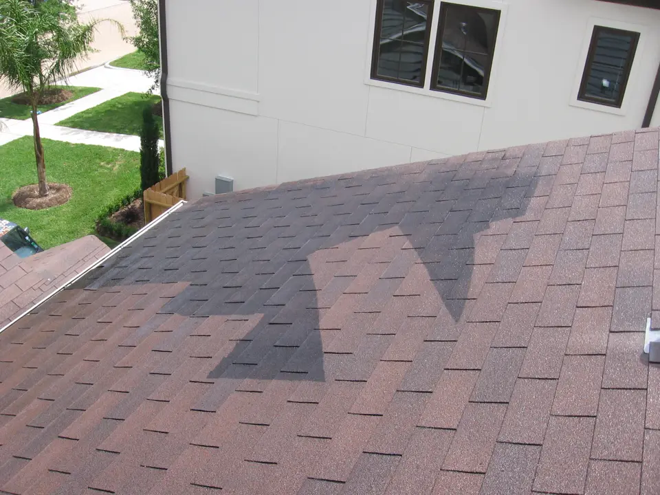 Asphalt shingle roof partway through a low-pressure cleaning, with cleaned shingles beside darker stained ones