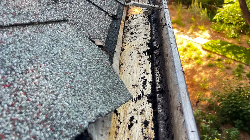 Gutter partly cleared of packed sludge and debris along a shingle roof during a Casa Care gutter cleaning