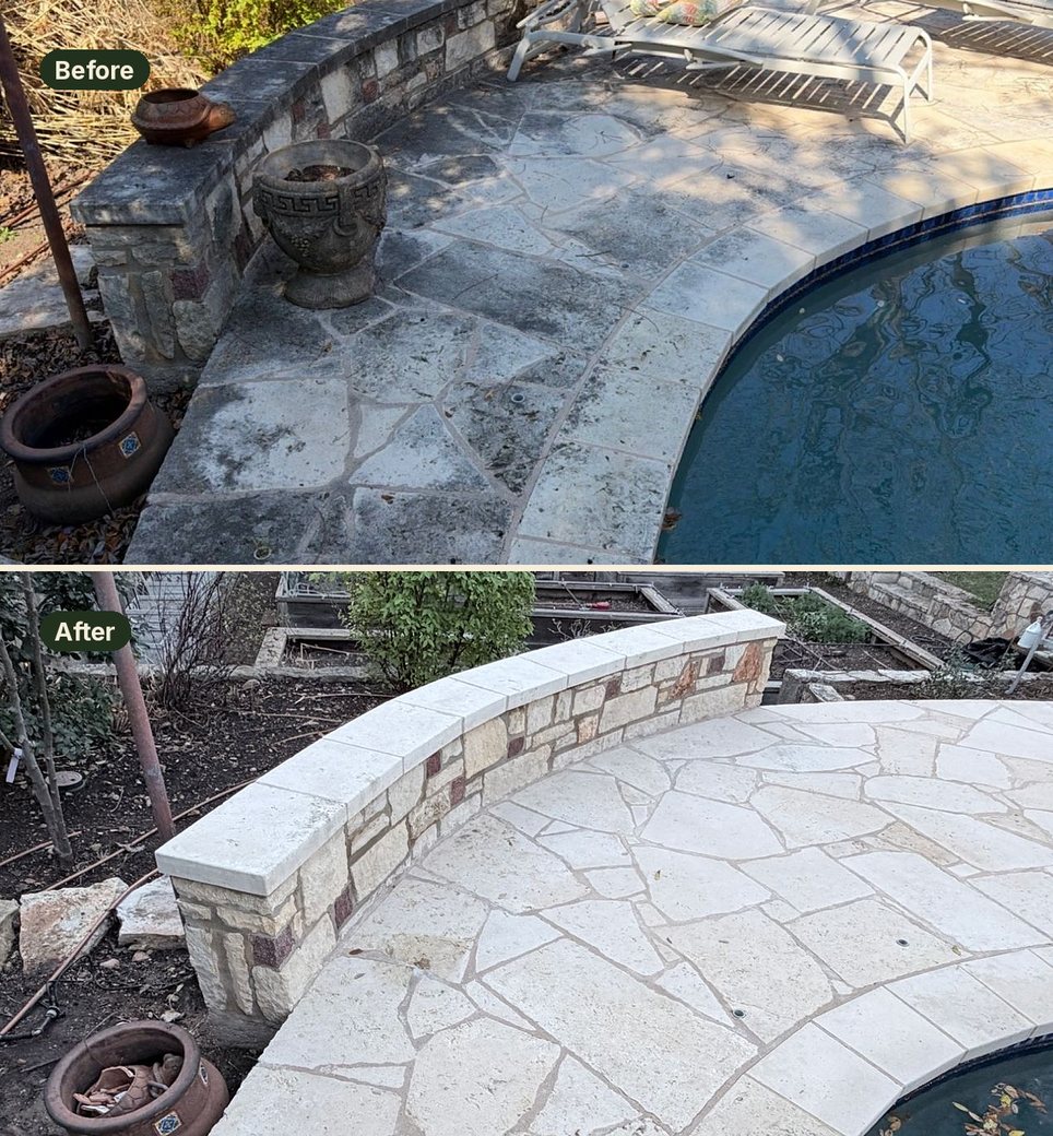Before and after: a flagstone pool deck and curved stone seat wall, dark-stained before and clean after, Casa Care job