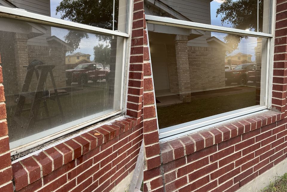 Exterior window on a brick home shown before and after window cleaning